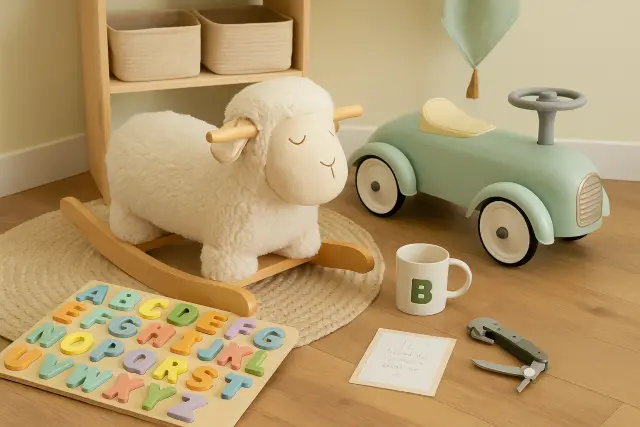 Birthday Gift Ideas for Children_WEBP Birthday gifts for kids including puzzles, ride-on toys, and plush animals