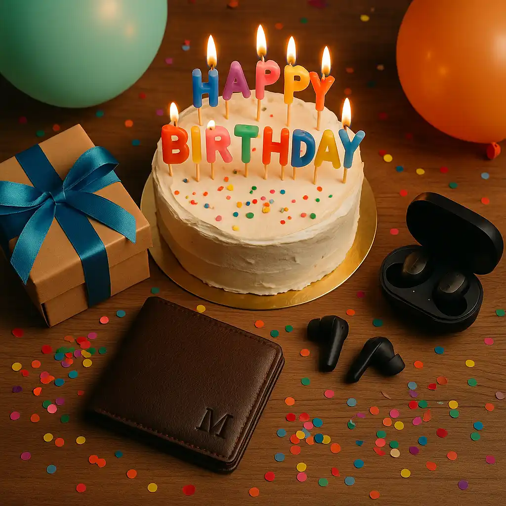 Birthday Gift Ideas for Men That Actually Wow Them_Webp A travel flat lay of a passport, travel-sized toiletry kit, compact backpack, and foldable map, styled over a rustic suitcase or wooden floor with a pair of aviators nearby.