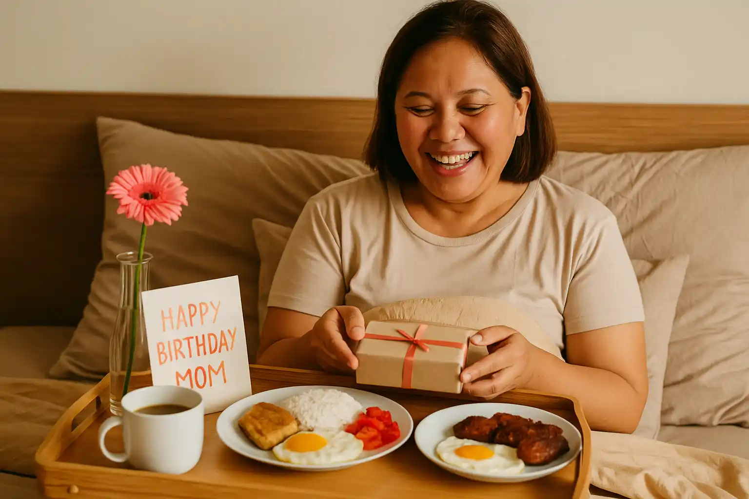 Birthday Gift Ideas for Mom That Will Melt Her Heart_WEBP A cozy birthday breakfast-in-bed scene with traditional Filipino breakfast dishes, a flower in a vase, and a card that reads “Happy Birthday, Mom” next to a beaming mother.