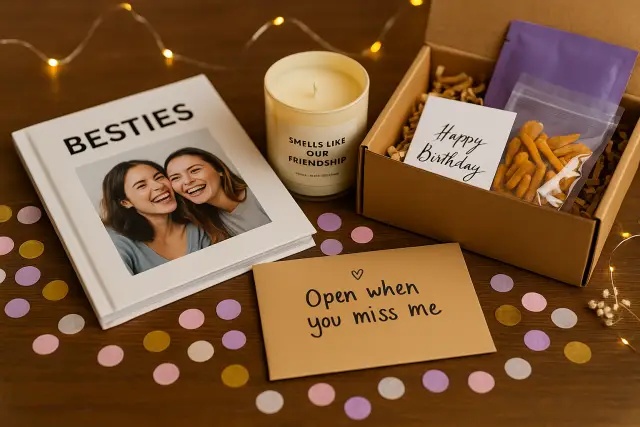 Birthday Gifts for Best Friends_WEBP Best friend birthday gift ideas with photo book, candle, and curated box