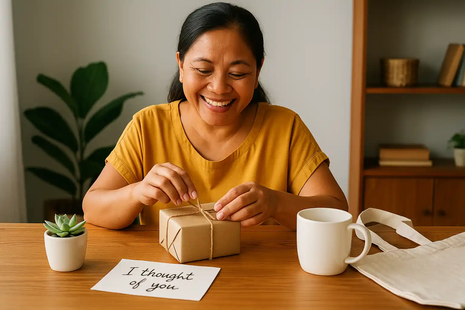 Budget-Friendly Gift Ideas for Moms Who Say They Don’t Want Anything_WEBP A cheerful Filipino mom smiling while opening a small, locally wrapped gift on a wooden table surrounded by budget-friendly items like a plant, mug, and handwritten note.
