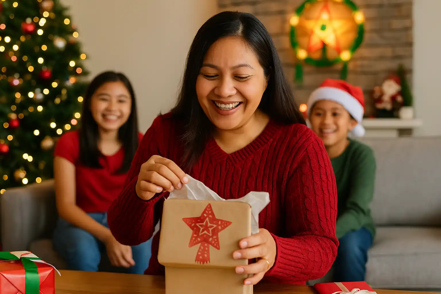 Christmas Gifts for Mom That Feel Extra Special This Holiday_WEBP A Filipino living room decorated for Christmas, with a mom unwrapping a parol-themed gift while kids watch joyfully in the background.