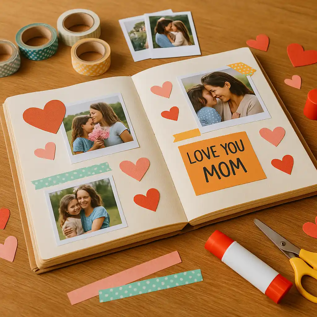 Creative DIY Birthday Gifts to Surprise Your Mom with Love_WEBP A colorful, handmade scrapbook laid open mid-process with visible washi tape, photo prints, glue stick, and cut-out hearts—set on a tidy craft table.