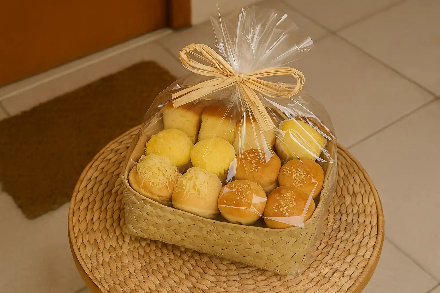 First-Time Meeting Gift Ideas for Your Boyfriend’s Mom_WEBP A native gift basket with neatly arranged local pastries, wrapped in cellophane with a raffia bow, placed on a rattan table near a door mat.