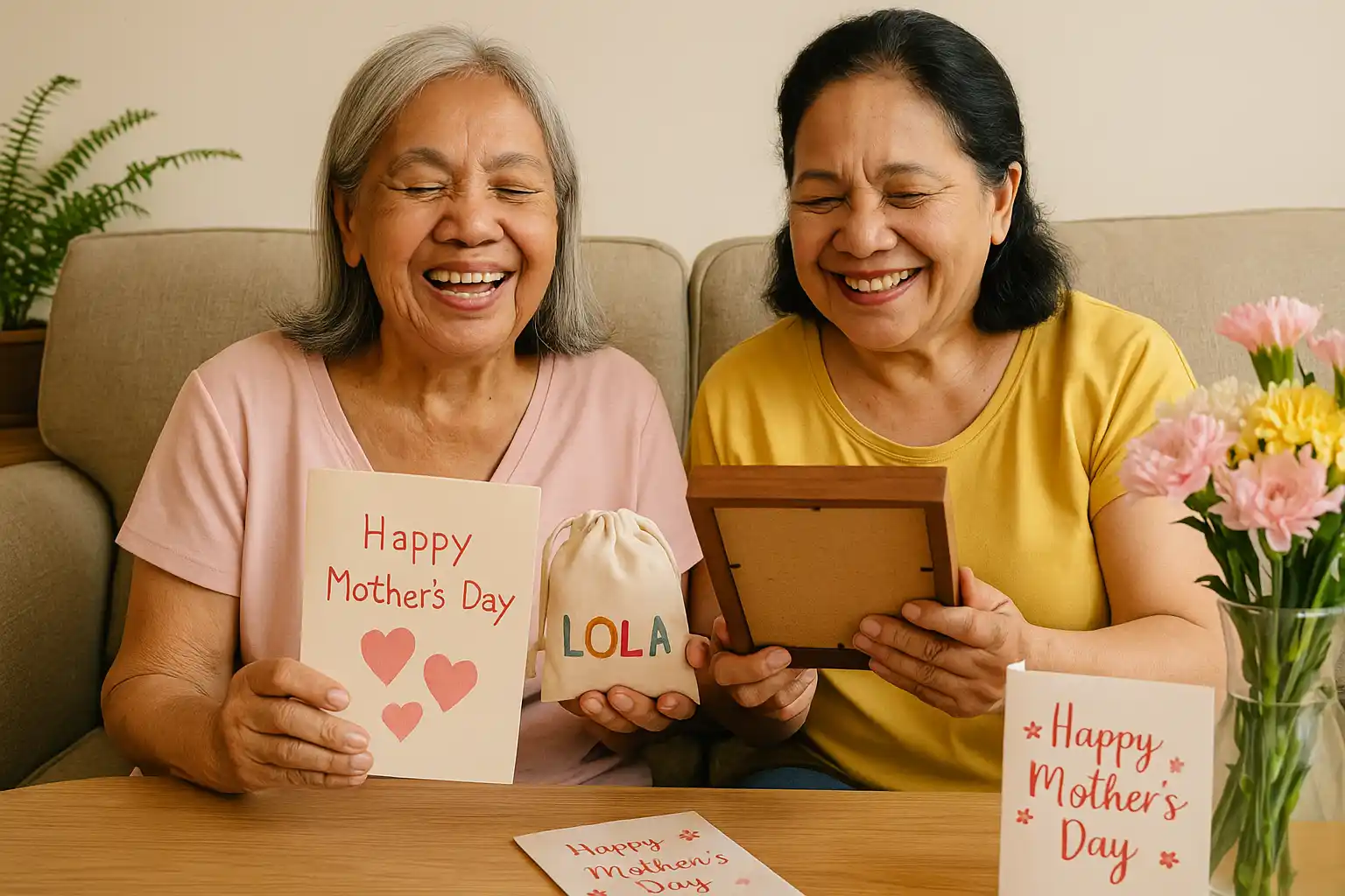 Thoughtful Mother’s Day Gifts That Show Just How Much You Care_WEBP A lola and nanay seated together on a sofa receiving handmade and personalized gifts, surrounded by flowers and heartfelt cards.