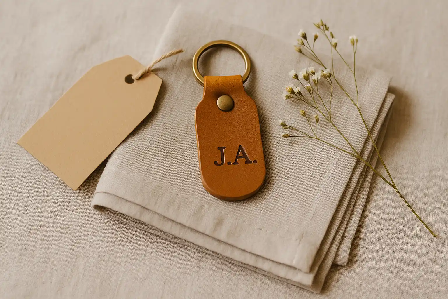 Top Gifts for Step Moms That Show Thoughtfulness and Respect_WEBP A minimalist flat lay of a leather keychain with simple monogram, placed on a folded neutral-toned cloth with a blank tag and wildflower sprigs.