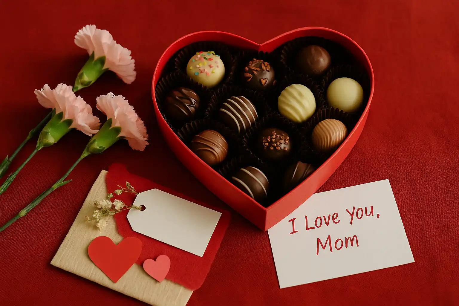 Valentine’s Day Gifts for Mom That Say 'I Love You' in the Sweetest Way_WEBP A heart-shaped box filled with assorted local chocolates, surrounded by pink carnations and a handwritten “I Love You, Mom” card on a red fabric backdrop.