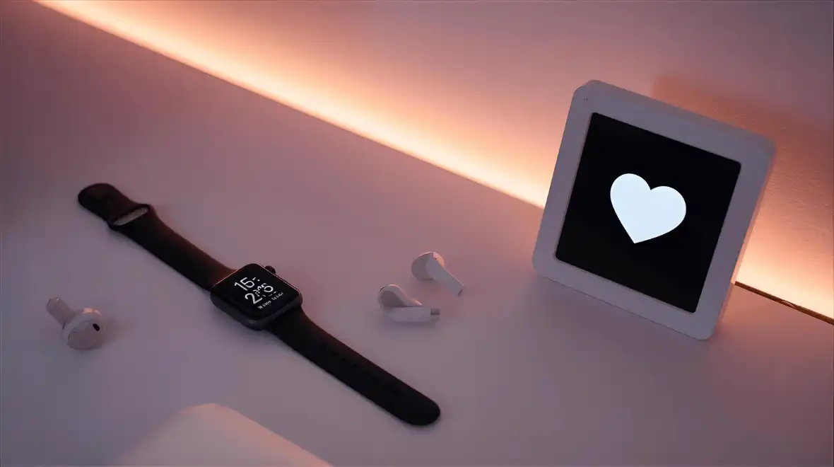 Tech-Inspired Anniversary Gifts A sleek modern desktop setup with a smartwatch, wireless earbuds, and a digital photo frame displaying a heart icon — minimalist lighting with a soft romantic tone.